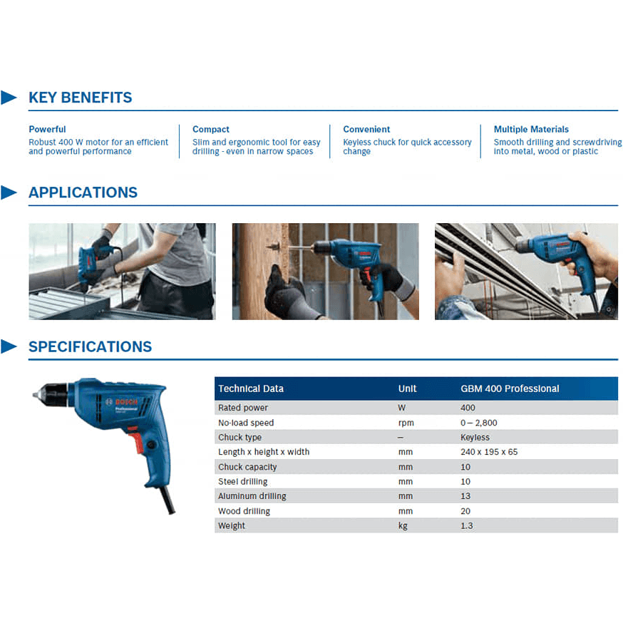 Bosch GBM 400 Keyless Hand Drill 10mm (3/8