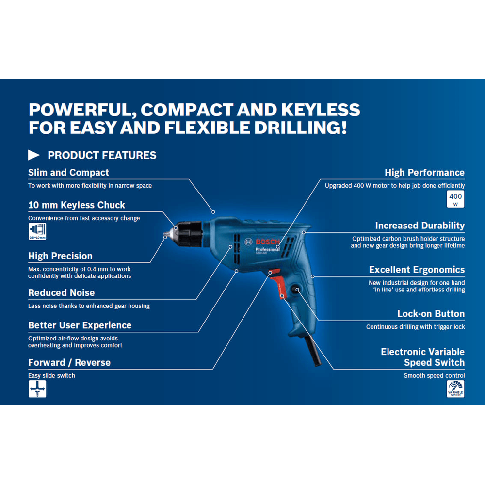 Bosch GBM 400 Keyless Hand Drill 10mm (3/8