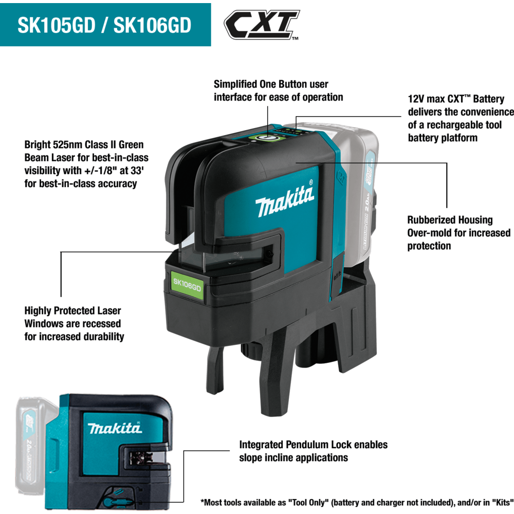 Makita SK106GDZ Cordless Cross Line Laser Level (Green) 12V CXT [Bare] - KHM Megatools Corp.