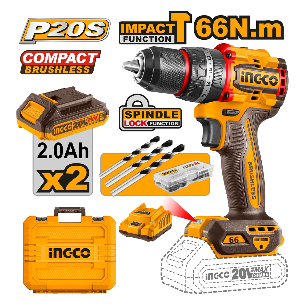 Ingco CIDLI206681 Cordless Li-Ion BL Impact Drill 20V (Bare) | Ingco by KHM Megatools Corp.