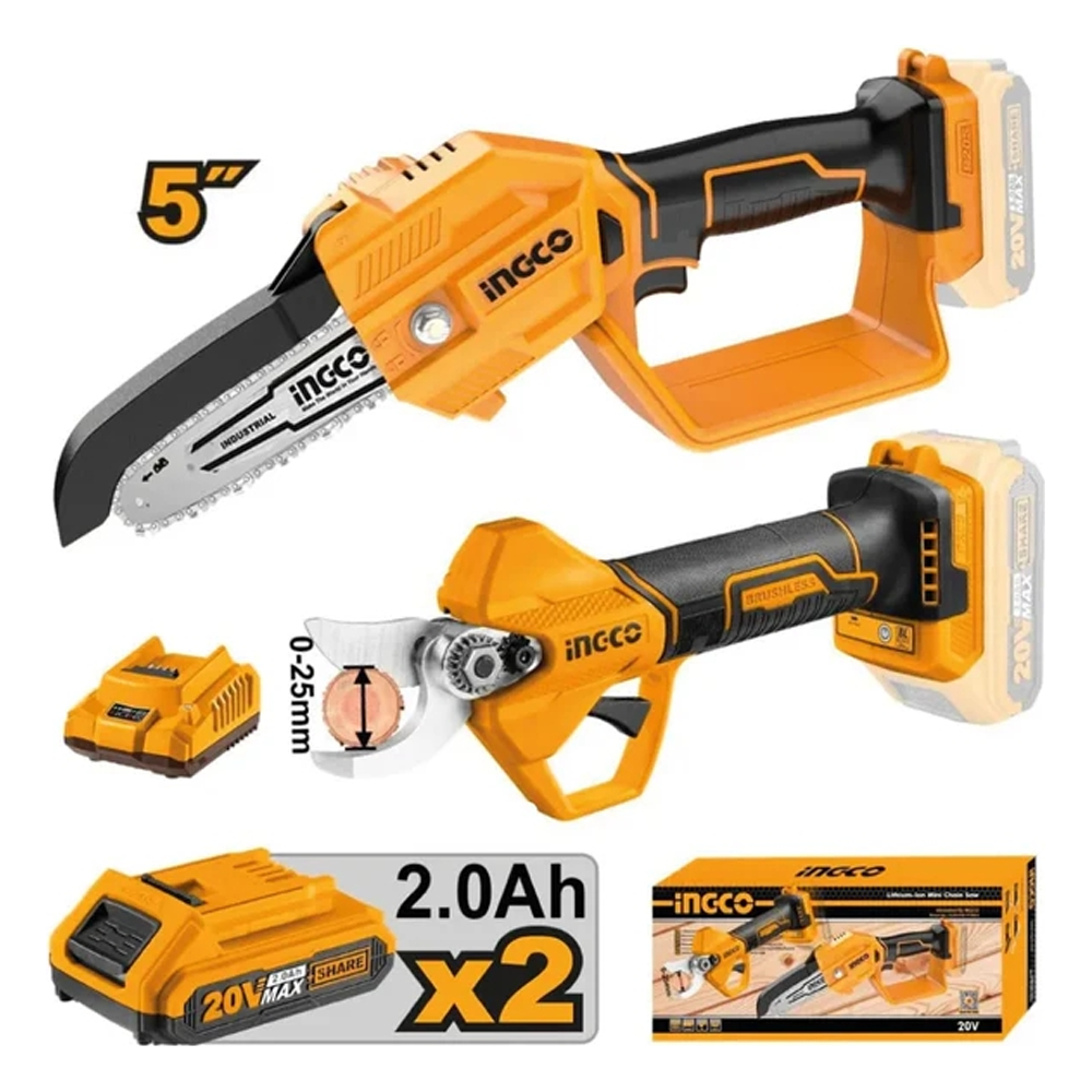 Ingco COSLI23065 Cordless Shear with Pruning Saw Combo Kit 2Pcs 20V 2.0AH