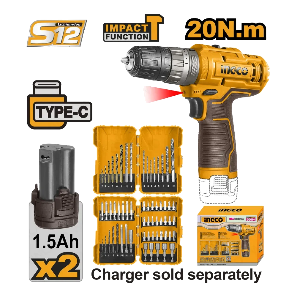Ingco COSLI23114 Cordless Li-Ion Impact Drill Set 61Pcs 12V 1.5AH | Ingco by KHM Megatools Corp.