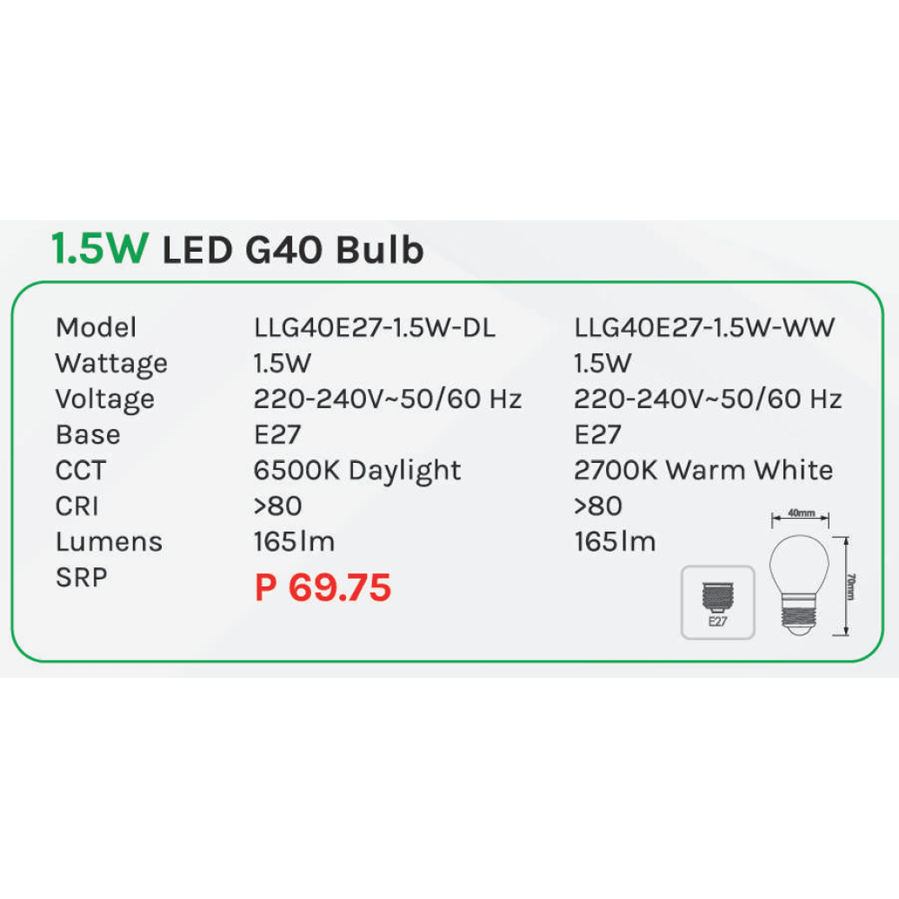 Omni 1.5W LED G40 Mini Light Bulb E27 - KHM Megatools Corp.