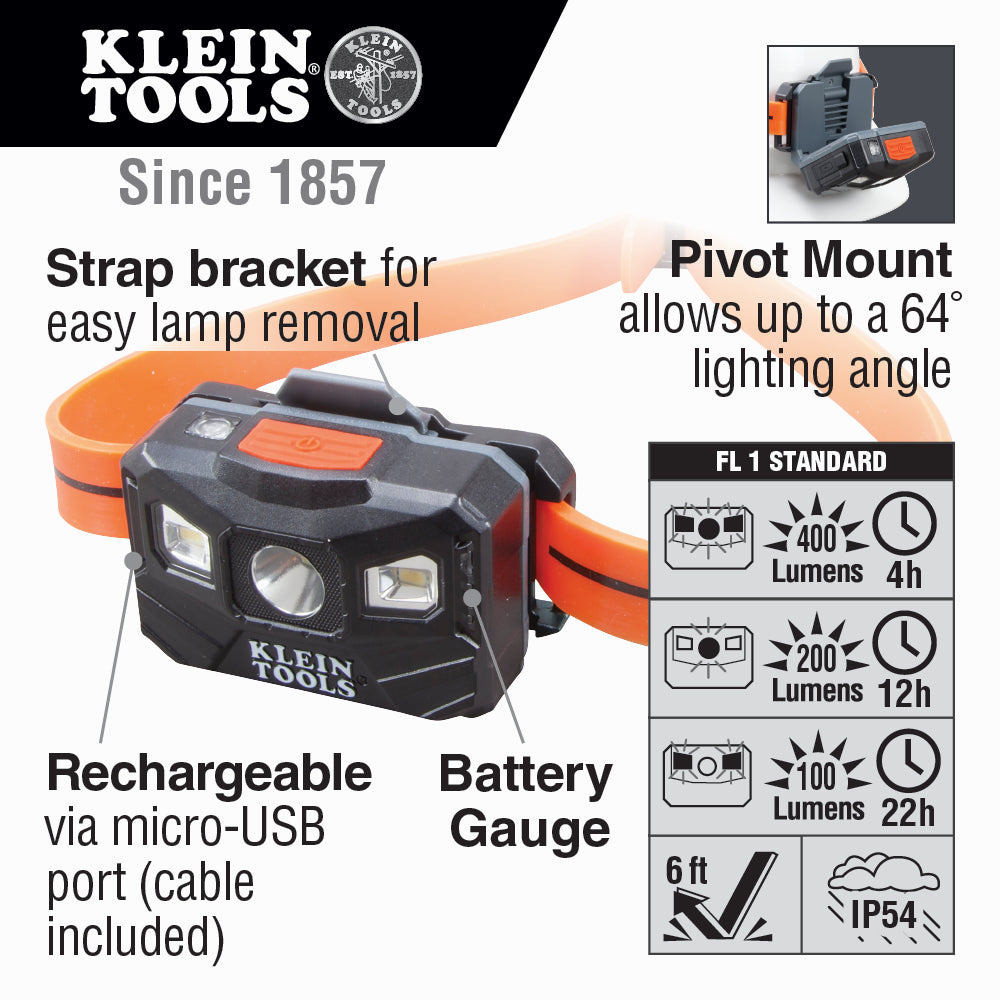 Klein 56064 Rechargeable Headlamp w/ Silicon Strap
