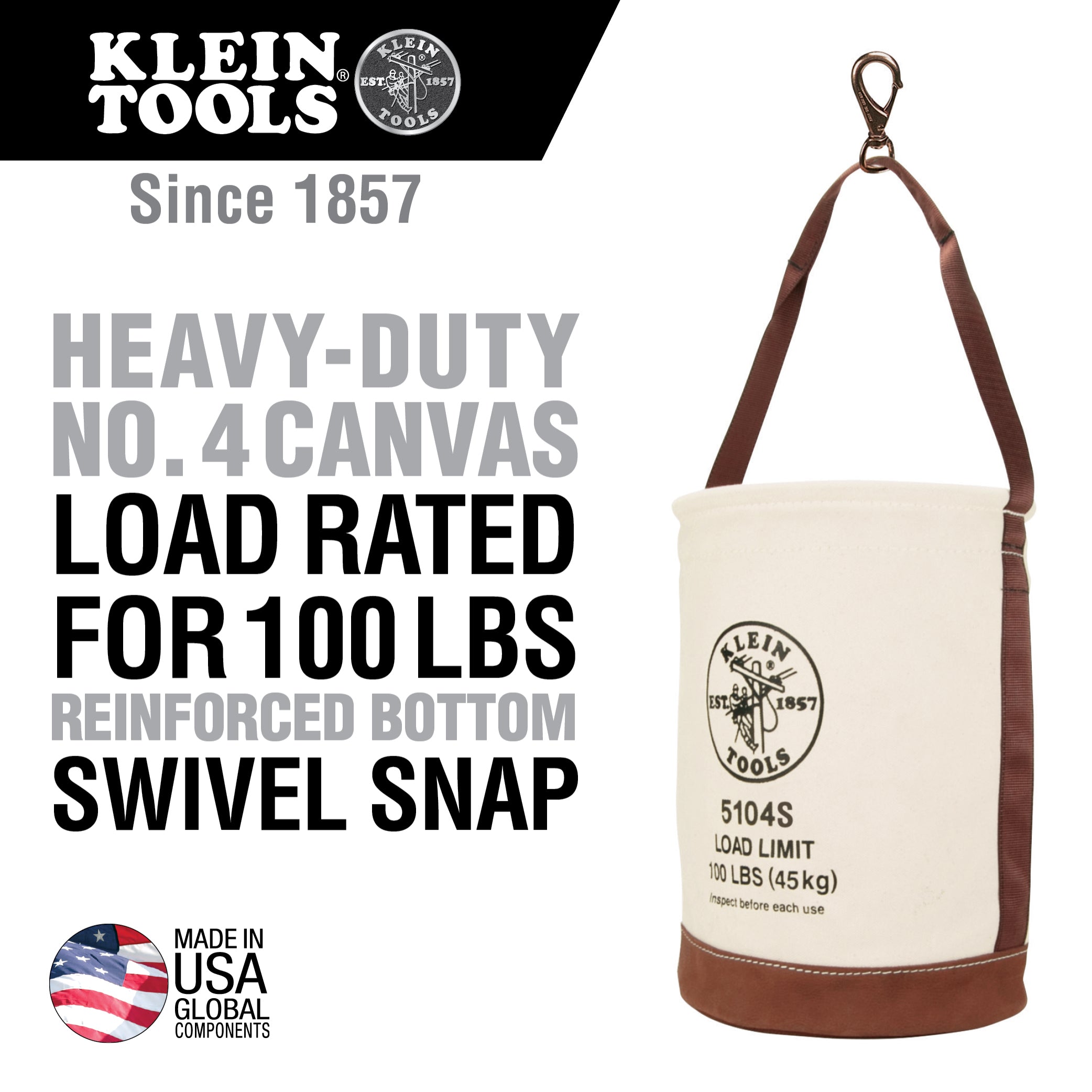 Klein 5104S Canvas Bucket Leather Bottom Swivel Snap 12