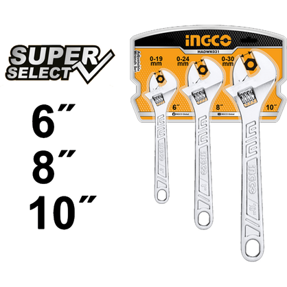 Ingco HADWK031 3pcs Adjustable Wrench Set [SS] - KHM Megatools Corp.
