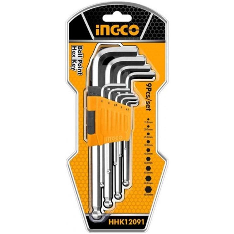 Ingco HHK12091 9pcs Ball Point Hex Allen Key Wrench Set (Long Arm) - KHM Megatools Corp.