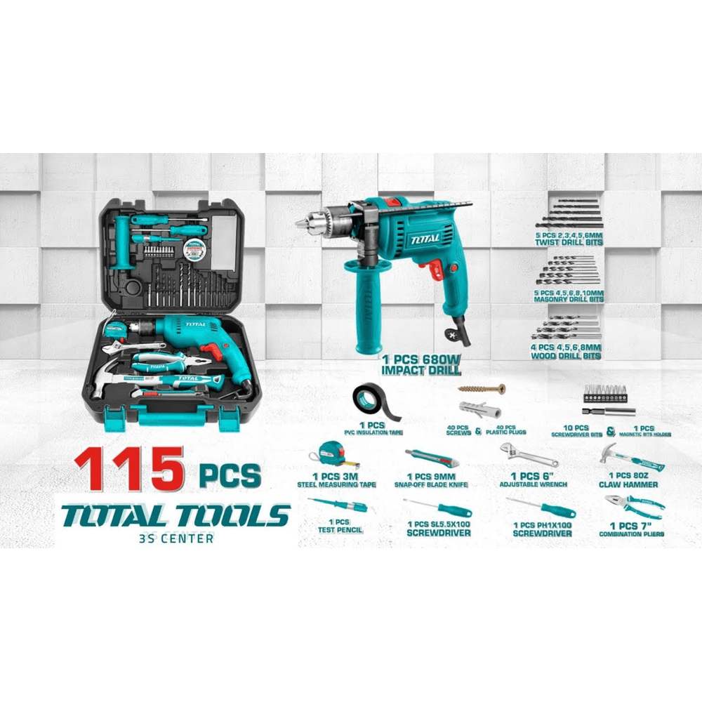 Total THKTHP1152 Hammer Drill with Hand Tools Set (115pcs) | Total by KHM Megatools Corp.