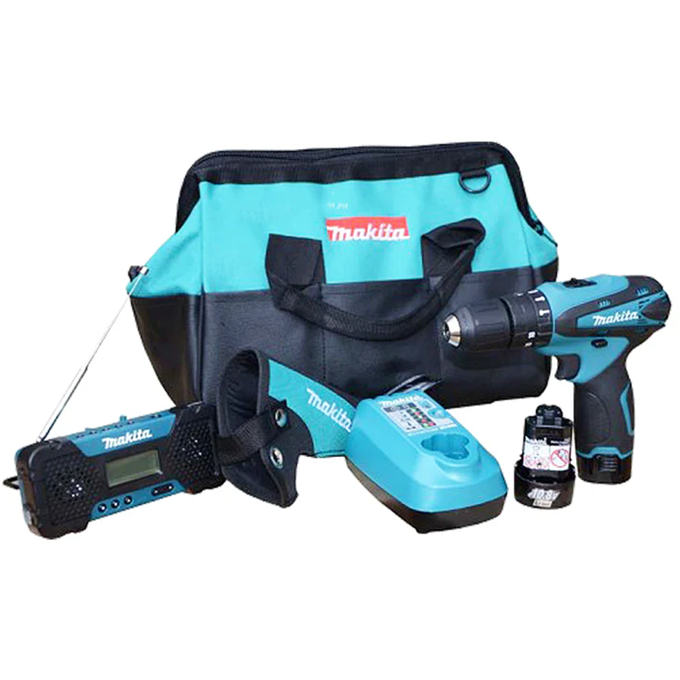 Makita DK1202 COMBO KIT HP330DZ / MR051 – AM-FM Radio / Cordless Hammer Driver Drill 10MM 10.8V Li-ion