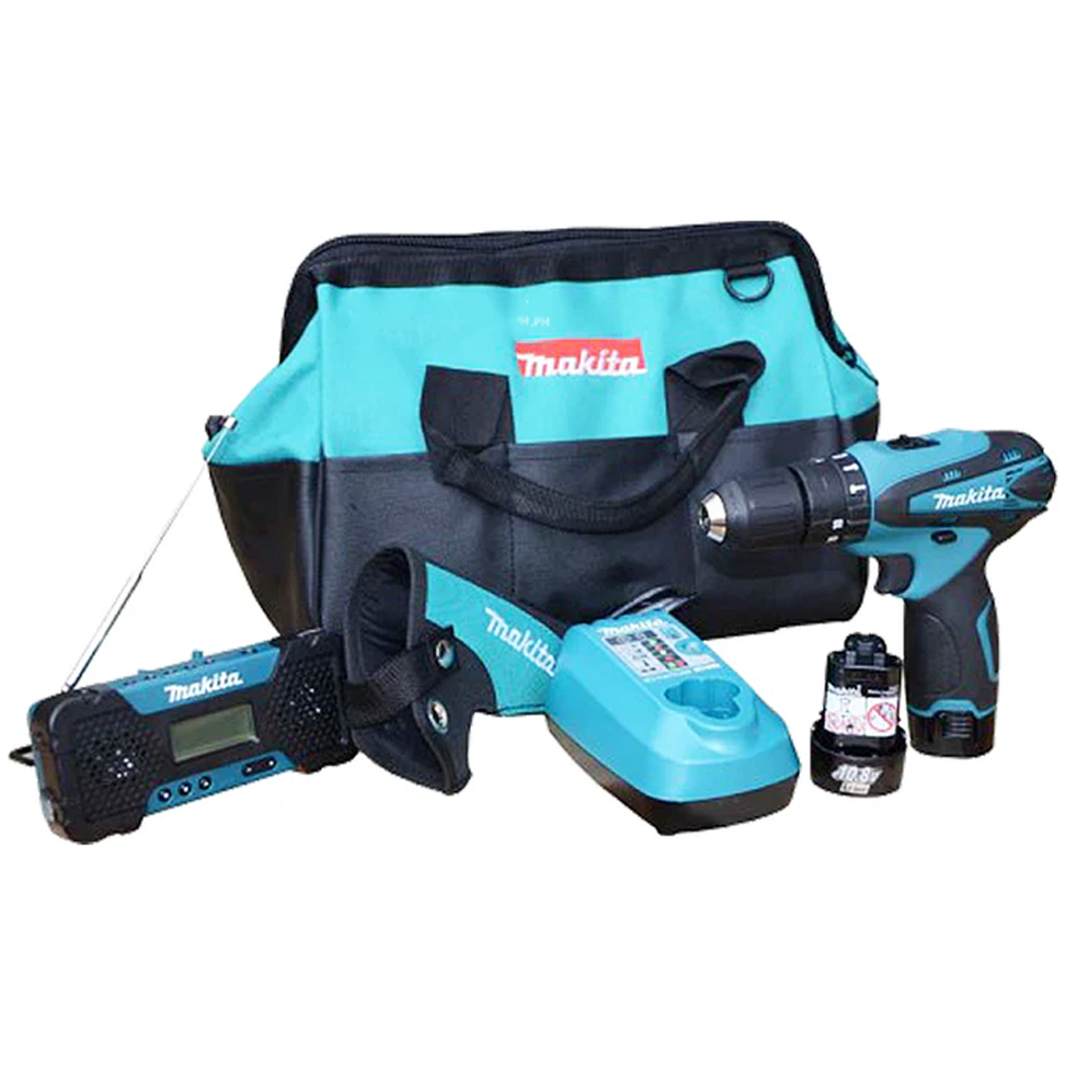 Makita DK1202 COMBO KIT HP330DZ / MR051 – AM-FM Radio / Cordless Hammer Driver Drill 10MM 10.8V Li-ion