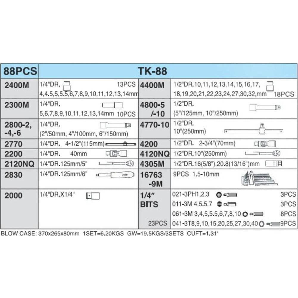 Hans TK-88 88pcs Socket Wrench and Hand Tools Set (1/4