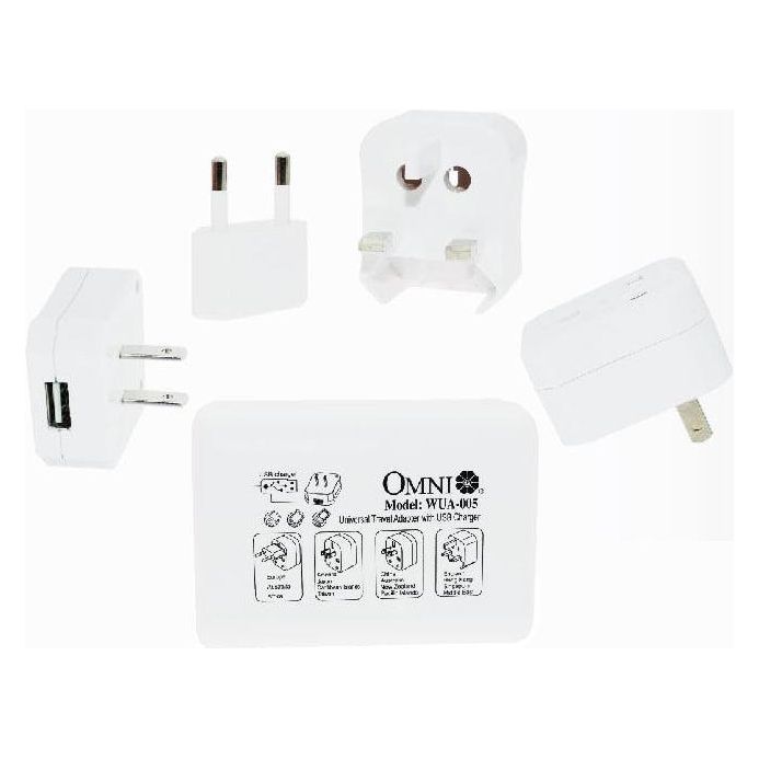 Omni WUA-005-PK Universal Travel Adapter with USB Outlet 3A 250V | Omni by KHM Megatools Corp.